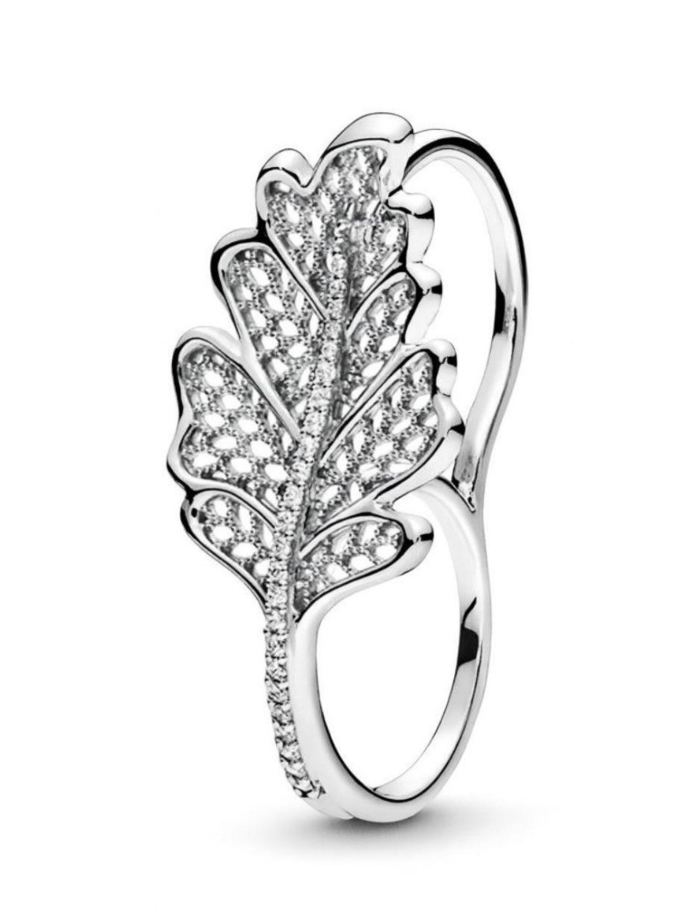 Retired Pandora Silver Leaf Crystal Double Band Ring - Size 54